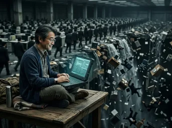 Man_using-laptop-amid-collapse