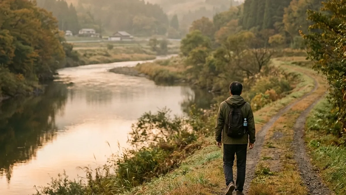朝靄の川沿いの道を歩く人のイメージ